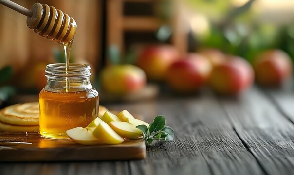 Golden honey dripping from wooden dipper into glass jar on rustic wooden table with fresh apple slices and whole apples in soft focus background.