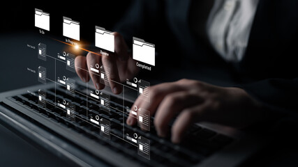 Task workflow system showing document progress through stages. Task tracking improves productivity,...