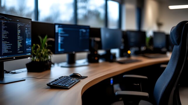 Modern office workspace with curved wooden desk, multiple computer monitors displaying code, ergonomic chair and indoor plants creating productive tech environment.