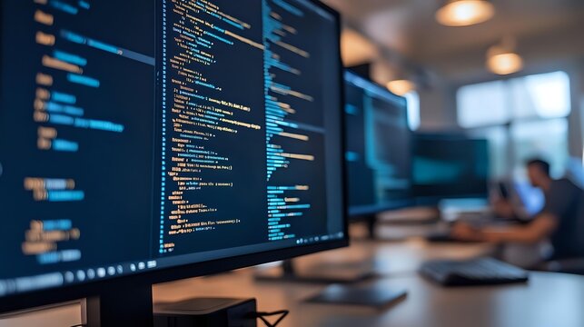 Software developer working at multiple monitors with programming code displayed. Modern office workspace with dark mode interface and ambient lighting.