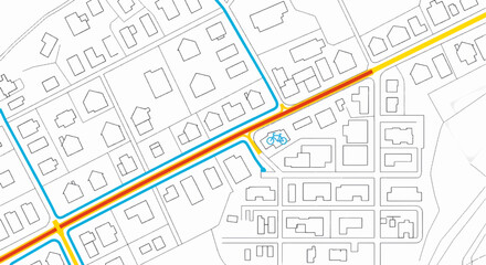 Fototapeta premium A map of a neighborhood with a highlighted bike path. Urban planning and transportation route concept. Minimalist top-down vector illustration