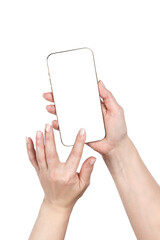 Woman hands showing smartphone with empty transparent screen. Minimalist mockup for mobile app, web design or digital product presentation in clean modern style. 