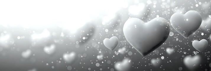 Soft glowing hearts floating in monochrome gray atmosphere with bokeh light effects and sparkles create romantic dreamy background for Valentine's Day designs.