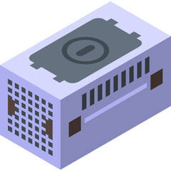 Isometric illustration of a rectangular gray object with a circular emblem on top and textured...