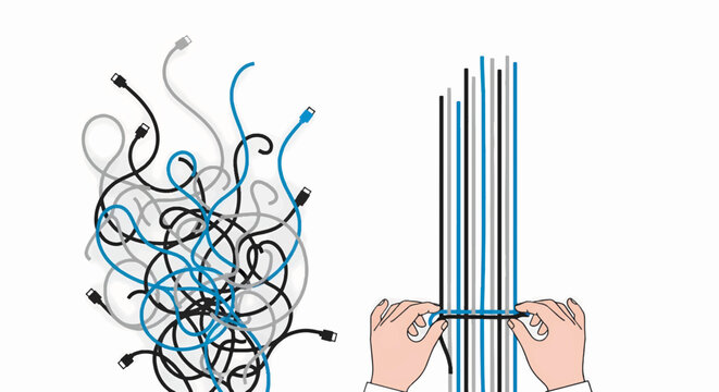 Creating order from chaos concept. Hands organizing a tangled mess of computer cables. Flat design vector illustration