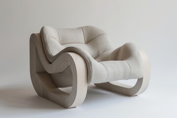 Comfortable white rocking chair with a wooden frame is standing on a white background