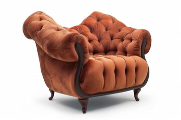 Obraz premium Classic armchair with carved wooden legs and orange velvet upholstery standing on a white background