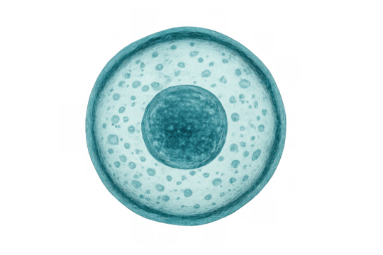 Human cell structure showing nucleus, cytoplasm, and organelles on a transparent background, depicting biology and science