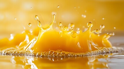 Orange juice drop splashing and creating crown shape with droplets on golden background, macro photography with selective focus and bokeh effect.