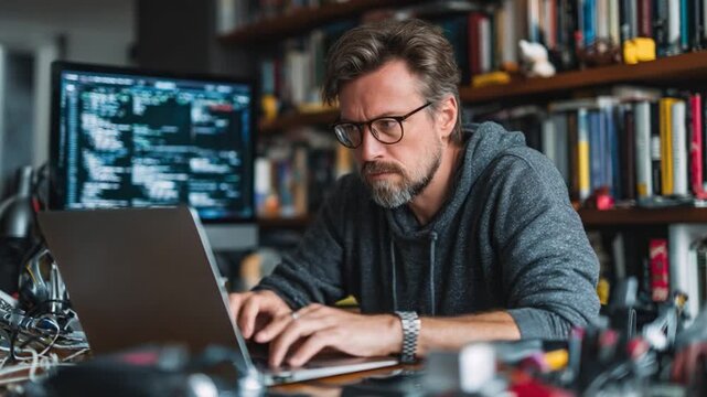 Focused Coding: A concentrated individual immersed in coding. With the soft glow of a computer screen illuminating their face, they appear deeply engaged in their work.