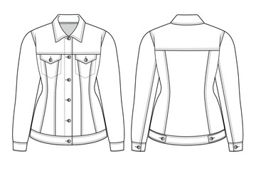 Women's fitted jeans jacket front and back view flat drawing vector design mockup template.