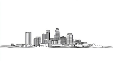 Fototapeta premium Minimalist continuous line drawing illustrates the modern city skyline, emphasizing the blend of diverse architecture and urban development