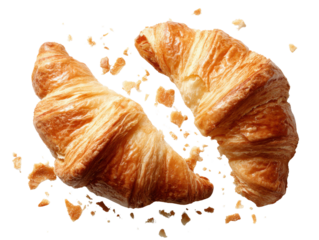 Crispy Croissant: A golden-brown croissant, split in half to reveal its flaky layers, epitomizes breakfast, freshly baked