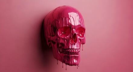 A pink skull, dripping with vibrant neon pink liquid, wallpaper, glowing with a surreal aura,  background, set against a soft pink background.