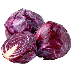 Vibrant fresh whole and halved red cabbages grouped together healthy produce display