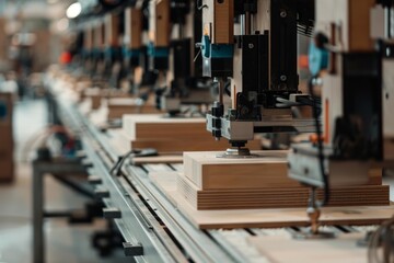 Automated machine is processing wood panels on a conveyor belt in a factory, showcasing modern manufacturing processes