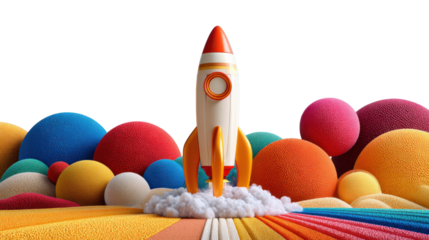 Rocket Launch Amidst Colorful Spheres: A vibrant rocket bursts from a cloud of smoke, ascending amidst a lively array of colorful spheres, symbolizing innovation and advancement.