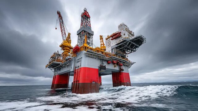 Offshore Oil Rig at Sea: A towering offshore oil rig stands tall against a dramatic, cloudy sky, its presence signifying industry and the pursuit of energy resources.