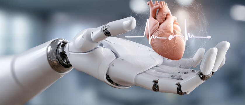 Robotic hand holds a human heart while showing vital signs on a monitor, illustrating the fusion of technology and medicine