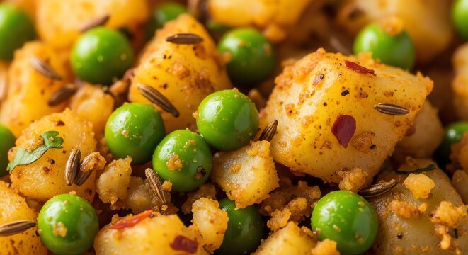 Spicy Seasoned Potato and Green Pea Snack with Cumin Seeds in Close-up