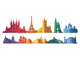 City Skyline: A colorful panorama of iconic global landmarks, rendered in a vibrant spectrum of hues, showcases architectural diversity and travel destinations.
