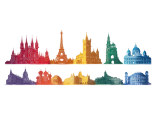 City Skyline: A colorful panorama of iconic global landmarks, rendered in a vibrant spectrum of hues, showcases architectural diversity and travel destinations.