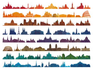 Rainbow Cityscapes: A vibrant spectrum of city skylines stretches across a canvas of color, capturing the essence of global architectural wonders in a stunning display.