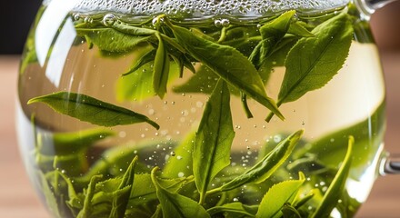 Herbal Tea with Fresh Green Leaves in Glass Teapot on Wooden Surface