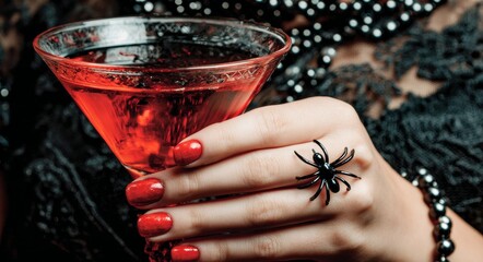 An ominous hand cradles a Halloween-inspired beverage, surrounded by macabre decorations and a haunting atmosphere, great for promotional use during the holiday season
