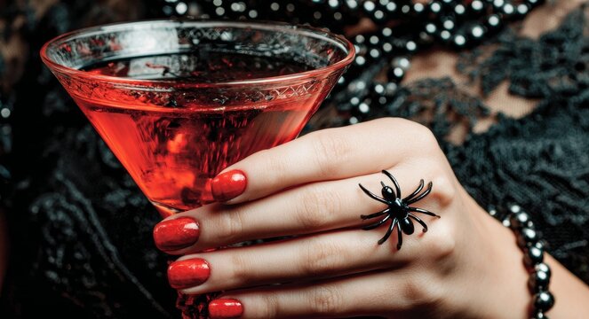 An ominous hand cradles a Halloween-inspired beverage, surrounded by macabre decorations and a haunting atmosphere, great for promotional use during the holiday season