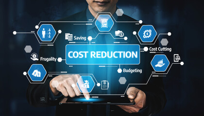 A business professional interacting with a digital tablet, displaying key concepts of cost reduction, budgeting, and financial efficiency in a modern office setting. Tessel