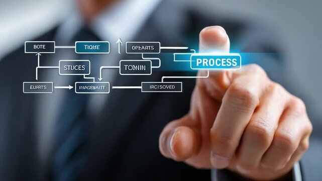 Business Process: A professional's finger pointing towards a digital business process on screen, representing analysis and future strategies. 
