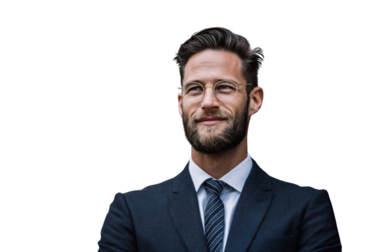 Confident Professional Portrait: A distinguished professional in a tailored suit and spectacles, exudes confidence, capturing a moment of astute reflection. - Powered by Adobe