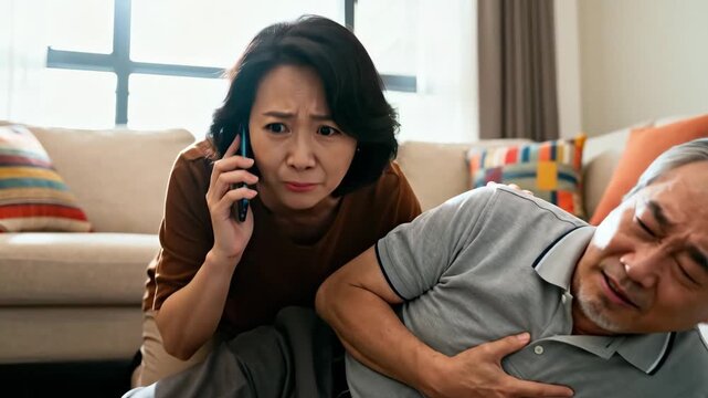 A senior Asian man collapses on the floor with a heart attack. A panicked woman urgently calls for emergency help on her phone. Medical crisis and senior healthcare concept