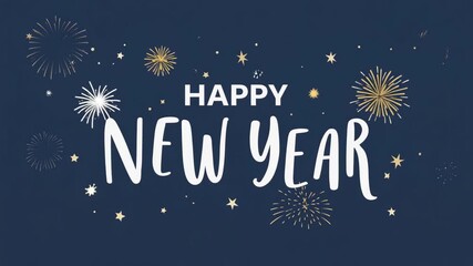 Happy New Year festive celebration with sparkling fireworks and golden stars on a dark blue Ai HD video.	
 - Powered by Adobe