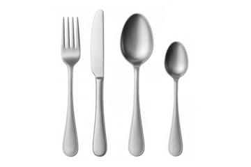 Cutlery set with fork, knife, tablespoon, and teaspoon, clean metal utensils for dining, transparent background
