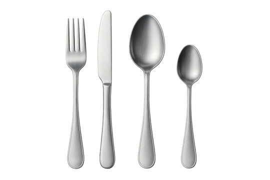 Cutlery set with fork, knife, tablespoon, and teaspoon, clean metal utensils for dining, transparent background