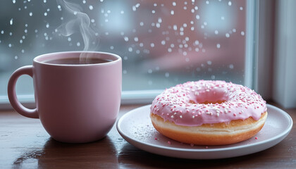 Pink ceramic cup with hot coffee and donut with pink glaze and sprinkles on a white plate near a rainy window, steam rising, cozy soft morning light, warm pastel tones, photorealistic texture, peacefu