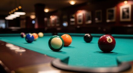 Closeup of billiard balls on a green pool table in a dimly lit room