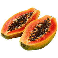 Fresh ripe papaya fruit halves showing vibrant orange flesh and black seeds delicious tropical food
