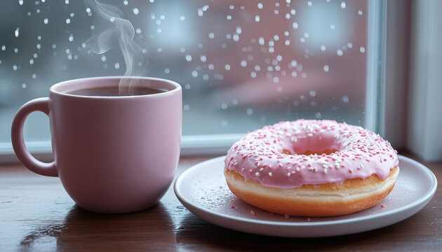 Pink ceramic cup with hot coffee and donut with pink glaze and sprinkles on a white plate near a rainy window, steam rising, cozy soft morning light, warm pastel tones, photorealistic texture, peacefu