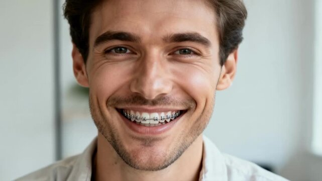 Happy adult man with dental braces smiling at the camera. Close-up portrait of a patient undergoing orthodontic treatment. Dental health and oral hygiene concept