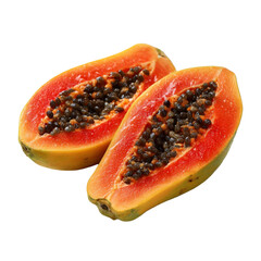 Two fresh ripe papaya fruit halves with seeds detailed texture food photography