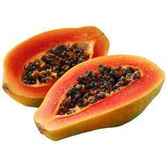 Vibrant fresh ripe papaya fruit halves revealing delicious seed filled interior