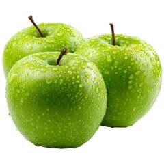 Three fresh green apples with water droplets a close up shot on a black background