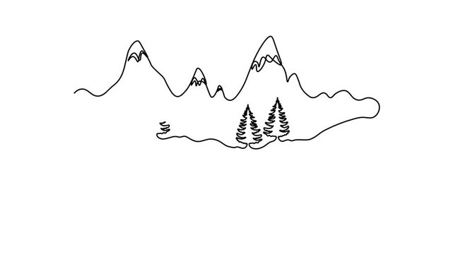 Abstract winter landscape with mountains and fir forest, Self drawing animation one continuous line draw, logo on white background