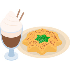 Isometric illustration of a star shaped cookie with sprinkles and a glass of coffee with whipped cream and chocolate syrup on a transparent background