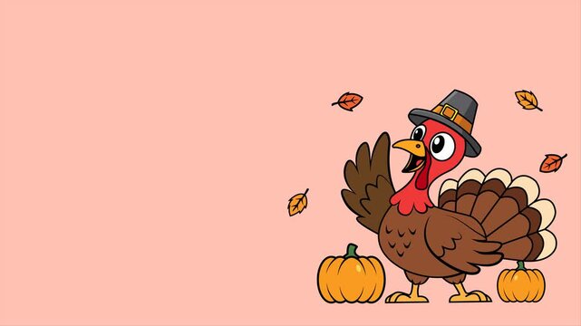 Happy Thanksgiving Turkey Waving in Autumn Background