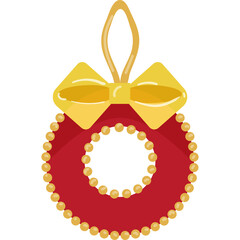 Red Christmas Wreath Ornament with Yellow Bow and Golden Beads Festive Holiday Decoration Transparent Background