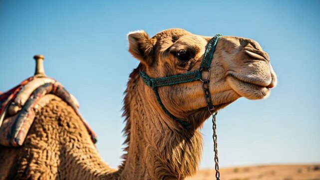 Dromedary camel with saddle in desert under clear blue sky ready for travel.